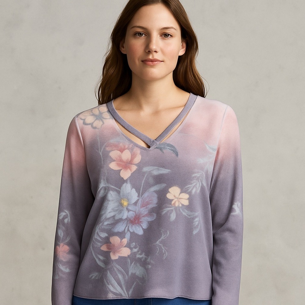 Soft Surroundings Size L Floral Fleece‎ Top VNeck Cutout L/S Boho Lounge Blouse